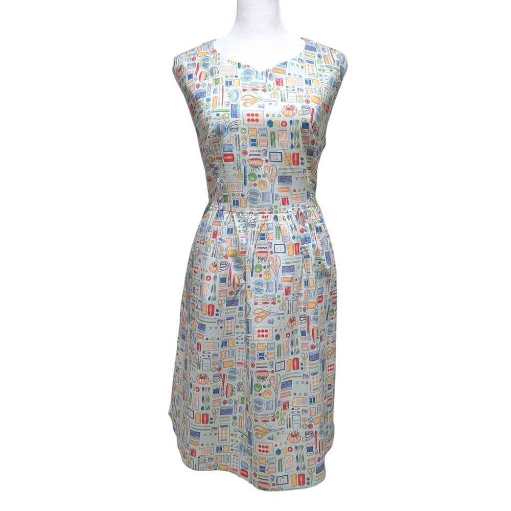SM Wardrobe New York Sewing Notions Novelty Print Cotton Pockets Dress Large NWT